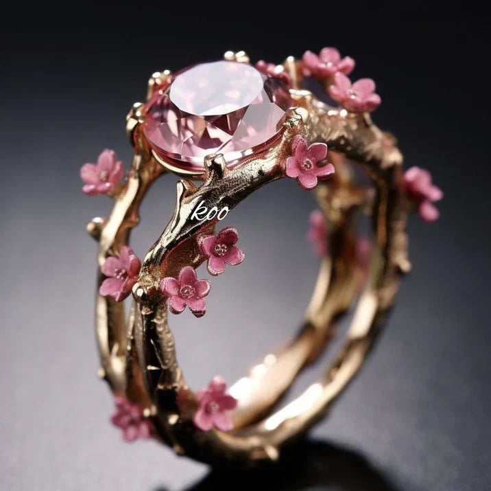 Elegant Crystal Pink Flower Ring | Gold